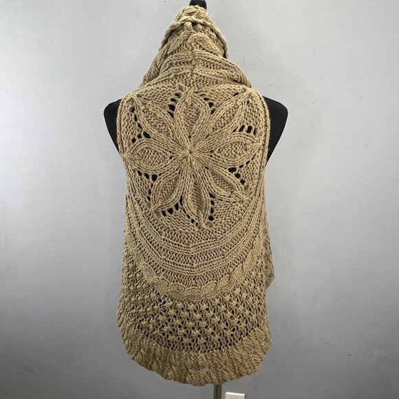 Chaudry KC Chunky Cable Knit Sweater Vest S Dark Khaki Tan Shawl Collar Open - Picture 5 of 7